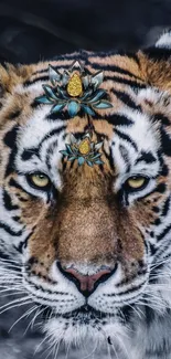 Majestic tiger with jewel art headpiece on mobile wallpaper.