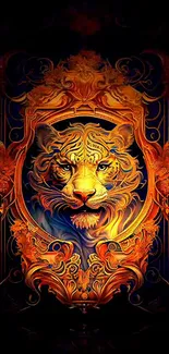 Intricate orange and blue tiger art wallpaper with detailed design.