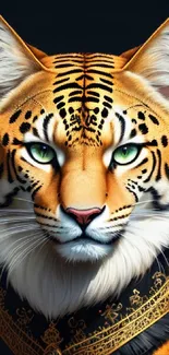 Majestic tiger with golden details and green eyes in a mobile wallpaper design.