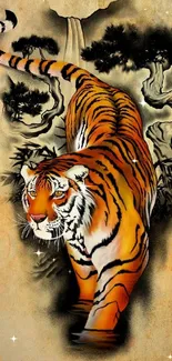 Majestic tiger in colorful artistic design with nature background.