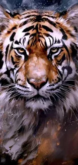 Artistic tiger portrait with orange and black hues, showcasing wild beauty.