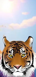 Tiger illustration with blue sky background, vibrant and artistic design.