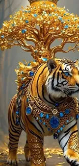 Tiger with golden ornaments and blue jewels in fantasy setting.