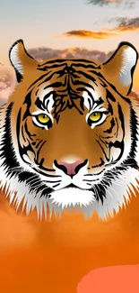 Majestic tiger face on orange background wallpaper.