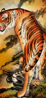 Painting of a majestic tiger on a cliff in vivid orange hues.