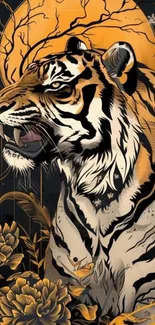 Illustrative tiger against a backdrop with orange hues and intricate details.