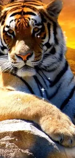 Majestic tiger resting at sunset on a rock with a vibrant orange sky.