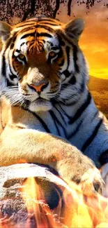 Majestic tiger resting by a rock during a vibrant sunset scene.