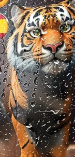 Tiger behind rain-soaked glass wallpaper.