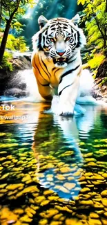 Majestic tiger crossing a river in the forest scenery