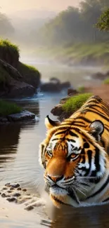 Tiger in a peaceful riverside setting with nature backdrop.