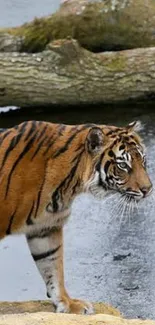 Tiger walking beside a serene lake with fallen logs.