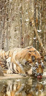 A tiger drinks from a pond in a bamboo forest, showcasing its natural habitat.