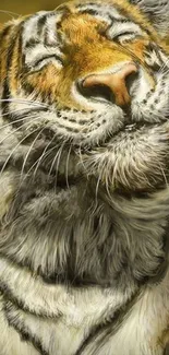 Realistic tiger artwork with serene expression in golden hues.
