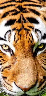 Close-up of a Bengal tiger with vibrant orange fur and piercing eyes.