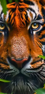 Close-up of a majestic tiger face in a jungle setting.