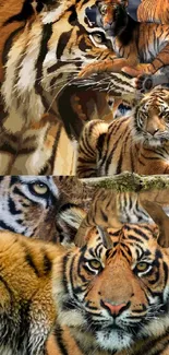 Collage of majestic tigers in varied artistic styles for mobile wallpaper.