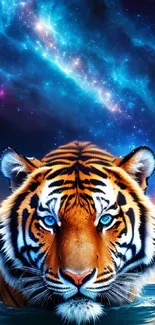 Tiger under a cosmic night sky with vibrant colors and blue hues.