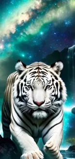 White tiger in cosmic landscape with auroras and waterfalls.