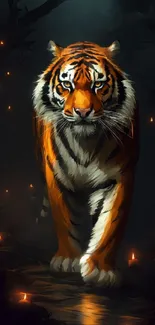 Majestic tiger walking through a dark forest with glowing lights.