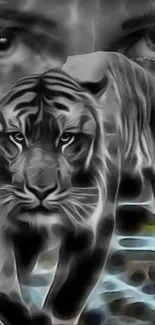 Monochrome wallpaper featuring a tiger with intense gaze amidst human eyes.