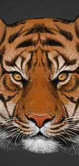 Detailed tiger face art with brown tones on a dark background.