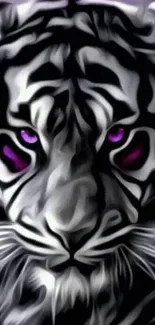 Artistic black and white tiger face with purple eyes wallpaper.