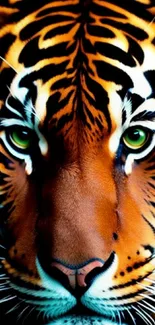 Close-up of a tiger face with vibrant orange stripes.