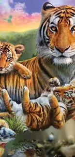 Artistic wallpaper of a tiger family relaxing in a vibrant natural setting.