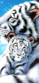 White tiger and cub artwork with sky background.