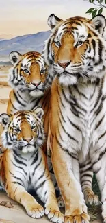 Majestic tiger family in a scenic natural setting on mobile wallpaper.