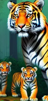 A majestic tiger family in a lush forest background.