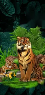 Tiger family in lush green jungle wallpaper background.