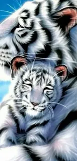 Majestic white tiger with cub in blue background wallpaper.