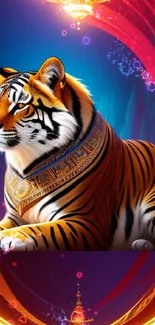 Majestic tiger in vibrant fantasy setting with colorful glowing elements.