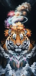 Majestic tiger with vibrant fantasy elements in stunning wallpaper.