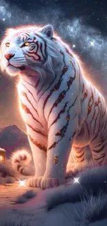 Majestic white tiger under a starlit sky in a fantasy setting.