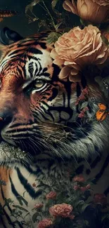 Majestic tiger with floral and butterflies in artistic wallpaper.