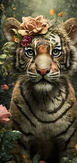 Majestic tiger with flowers in mystical forest wallpaper.