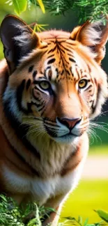 Majestic tiger in a lush, green forest smartphone wallpaper.