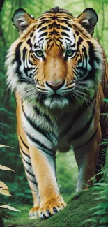 Majestic tiger walking in lush green forest wallpaper.