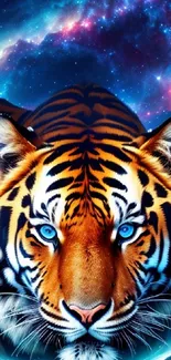 Tiger face with galaxy background in vibrant blue and orange colors.