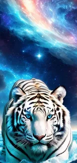 Magnificent tiger against galaxy backdrop, emerging from ocean.