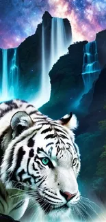 White tiger in a cosmic waterfall landscape.