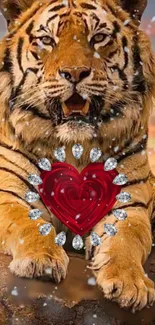 Majestic tiger with jeweled heart against sunset.