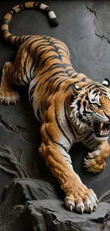 3D artwork of a fierce tiger emerging from rock