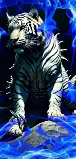 Majestic tiger encircled by blue flames in dynamic mobile wallpaper.