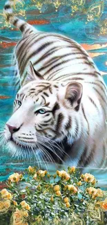 White tiger in teal water with floral accents.