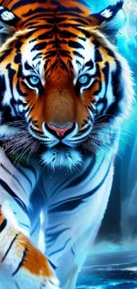 High-resolution wallpaper of a majestic tiger against a cosmic blue background.