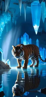 Tiger in a luminous crystal cave with stunning reflections.